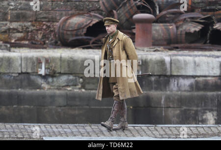 Actor Mark Strong on the set of Sam Mendes' new film 1917 during filming at Govan Docks in Glasgow. Stock Photo