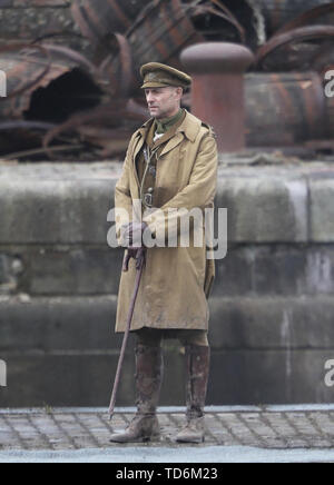 Actor Mark Strong on the set of Sam Mendes' new film 1917 during filming at Govan Docks in Glasgow. Stock Photo