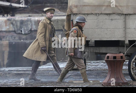 Actor Mark Strong (left) on the set of Sam Mendes' new film 1917 during filming at Govan Docks in Glasgow. Stock Photo