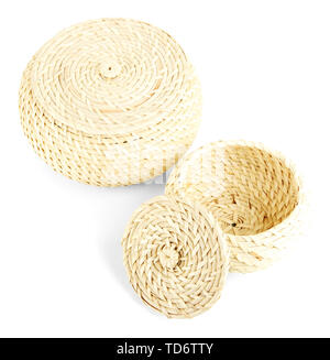 Two wicker baskets with covers, isolated on white Stock Photo