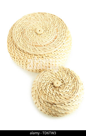 Two wicker baskets with covers, isolated on white Stock Photo