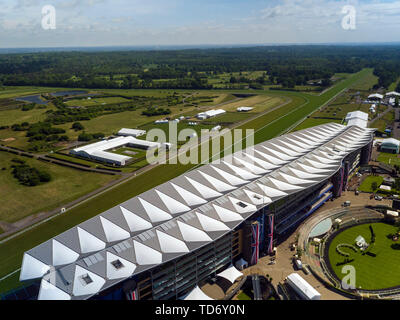 An aerial view of Ascot Racecourse in Berkshire ahead of the Royal Ascot meeting which starts on Tuesday June 18, 2019. Stock Photo