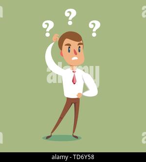 illustration of a clueless cartoon businessman with three question marks above his head. Stock Vector