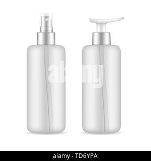 Colorful bottles for cosmetics. Vector set of different shapes with reflection on white background. Stock Vector