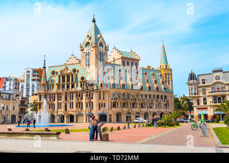 Batumi, Georgia - May 2, 2017: City panoramic landscape with Europe square nice house, fountain and people at summer Black sea resort Stock Photo