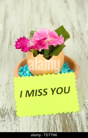 Flowers growing from egg shell, on wooden background Stock Photo