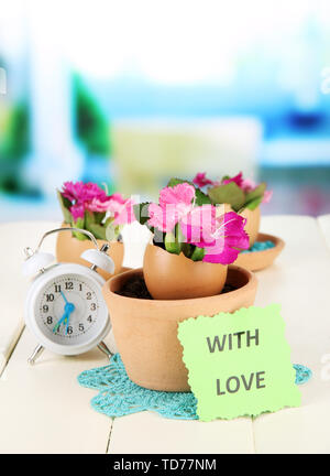Flowers growing from egg shell, on bright background Stock Photo