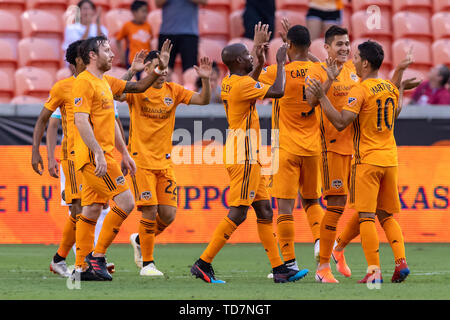 Houston, Texas, USA. 11th June, 2019. Houston Dynamo forward Ronaldo Pena (21) celebrates with team mates after his goal during a match between Austin FC and Houston Dynamo at BBVA Stadium in Houston, Texas. At the half Houston Dynamo leads 3-0 Maria Lysaker/CSM/Alamy Live News Stock Photo