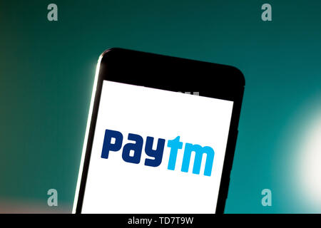 June 10, 2019 - GlÃ³Ria De Dourados, Mato Grosso do Sul, Brazil - In this photo illustration the Paytm logo is displayed on a smartphone. (Credit Image: © Rafael Henrique/SOPA Images via ZUMA Wire) Stock Photo