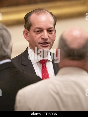 Washington, District of Columbia, USA. 13th June, 2019. United States Secretary of Labor Alex Acosta in conversation prior to US President Donald J. Trump making remarks highlighting the achievements on Second Chance hiring and workforce development in the East Room of the White House in Washington, DC on Thursday, June 13, 2019 Credit: Ron Sachs/CNP/ZUMA Wire/Alamy Live News Stock Photo