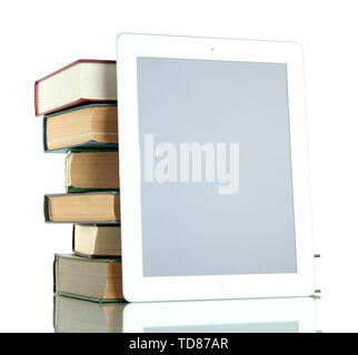 Tablet and books isolated on white Stock Photo