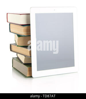 Tablet and books isolated on white Stock Photo