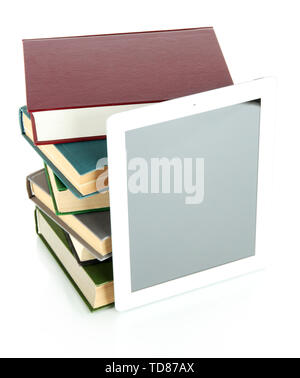 Tablet and books isolated on white Stock Photo
