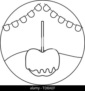 delicious candy apple with garlands in frame circular vector illustration design Stock Vector