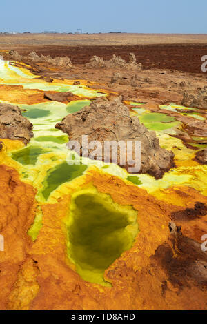 Dallol with hot springs, Ethiopia. Danakil Depression is the hottest place on Earth in terms of year-round average temperatures. It is also one of the Stock Photo