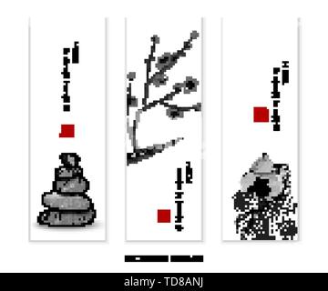 Watercolor ink paint art vector texture illustration banner stone plum blossom and bottle gourd. Translation for the Chinese word : Blessing, Plum flo Stock Vector