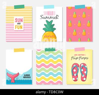 Vector set of bright summer cards. Beautiful summer posters with pineapple, flip flops, whale tail, wave, sun and fun. Journal cards. Illustrations fo Stock Vector