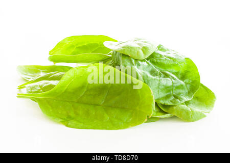 Pile of fresh green spinach leaves on white background. Close up image. Stock Photo