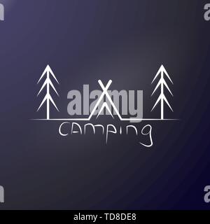 Camp in the forest. Tent among the pines and the inscription camping. Stamp or logo for travelers. Wild rest among the trees. Outdoor sticker or print Stock Vector