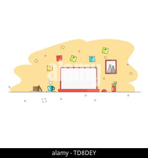 Workplace. Laptop, cup, plate with cookies, multicolored stickers, photo, pencil holder. Objects and equipment for a creative home office. Vector Stock Vector