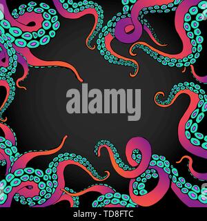 Futuristic  page template with colorful tentacles of an octopus frame, ocean motive flat cute cartoon illustration for web and print, cute decoration. Stock Vector