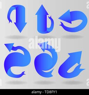 Ribbon arrows set, six interface  decoration elements for web and print, simple refresh icons, reloader vectors in blue. Stock Vector