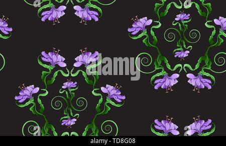 Lily seamless pattern, on black background in light violet color, creative hand draw vector background, floral texture, botanical Liliaceae. Stock Vector