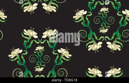 Lily seamless pattern, on black background in light beige color,  creative hand draw vector background, floral texture, botanical Liliaceae. Stock Vector