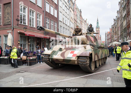 Reconstruction of WWII German medium tank Panzerkampfwagen V Panther during Victory Parade in Gdansk, Poland. May 11th 2019. In the early days of the  Stock Photo