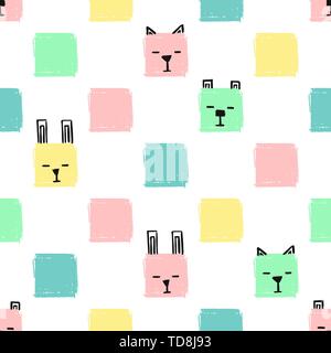 Kawaii Squares Animals Seamless pattern. Vector Hand Draw Background with the faces of Cats, Dogs and Rabbits. Endless Background pencil Texture of sq Stock Vector