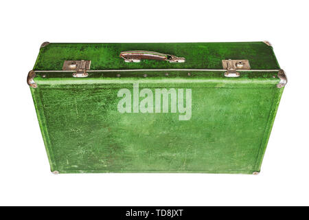 old closed green retro fiber suitcase isolated on white background Stock Photo