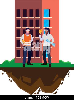 interracial male builders constructors with building vector illustration design Stock Vector