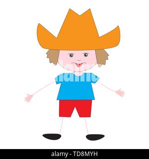 Funny boy with a silly look on his face in an orange hat. Stock Vector