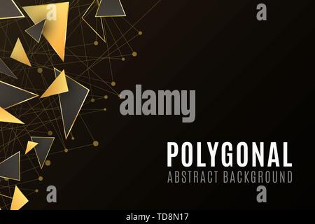 Polygonal shapes. Modern background for your design banner. Low poly. Golden and black triangular forms. Connected lines and dots. Plexus. Vector illu Stock Vector