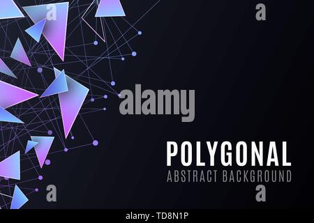 Polygonal shapes. Modern background for your design brochure. Low poly. Purple and blue triangular forms. Connected lines and dots. Plexus. Vector ill Stock Vector