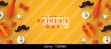 Happy Father's Day web banner for special dad holiday. 3D paper cut icons of tie, mustache, gift and more on orange color background. Stock Vector