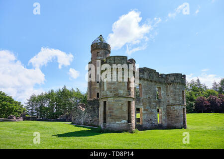 Looking up to the Ancient Scottish Ruin Towers of Old Eglinton in Irvine North Ayrshire Scotland Stock Photo