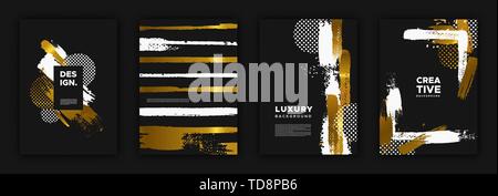 Abstract luxury design background set. Gold and black color template with golden brush stroke texture for premium concept. Stock Vector