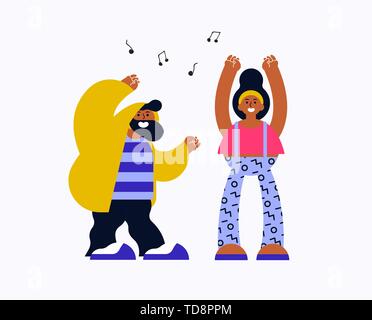 Young couple of woman and man dancing or celebrating for special event. Happy people illustration on isolated white background. Stock Vector