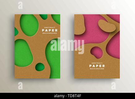 Paper cut background set with colorful abstract cutout shapes. Realistic papercut design ideal for business presentation, web or creative concept. Stock Vector