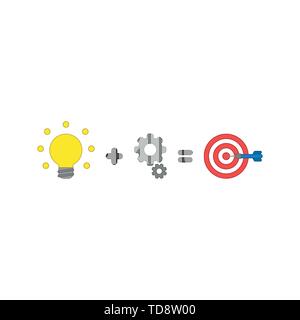 Vector icon concept of glowing light bulb plus gears equals bulls eye and dart in the center. Colored outlines. Stock Vector