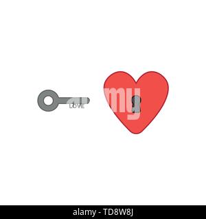 Vector icon concept of love key and heart with keyhole. Colored outlines. Stock Vector