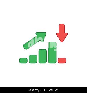 Vector icon concept of sales bar chart moving up and moving down with arrows pointing up and down. Colored outlines. Stock Vector