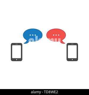 Vector icon concept of two smartphones with two speech bubbles. Colored outlines. Stock Vector