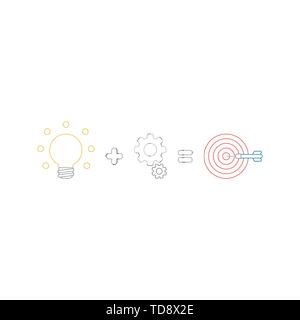 Vector icon concept of glowing light bulb plus gears equals bulls eye and dart in the center. White background and colored outlines. Stock Vector