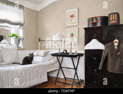 Cat on white metal bed in bedroom    UK AND IRISH RIGHTS ONLY Stock Photo