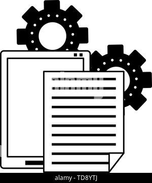 Office tablet with documents and gears symbols in black and white Stock Vector