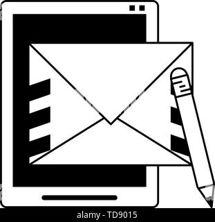 Tablet and letter with pencil symbol in black and white Stock Vector