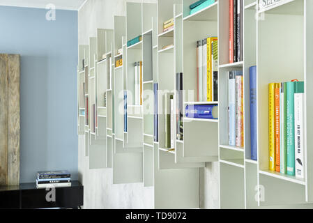 Books in open white wall mounted bookcase   UK & IRISH USE ONLY Stock Photo