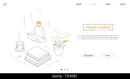 Mindfulness - line design style isometric web banner Stock Vector